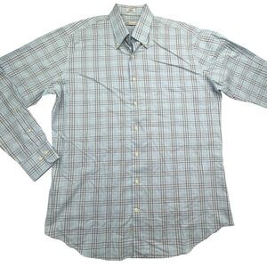 Peter Millar Shirt Mens Large Blue Brown Plaid Button Down Long Sleeve Cotton